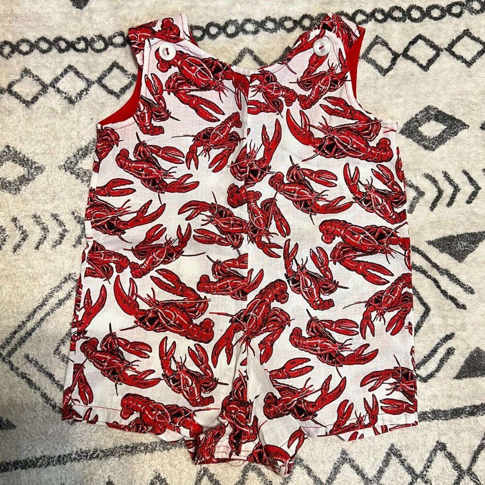Handmade Crawfish Baby Romper 9–12 Months Red Louisiana Print